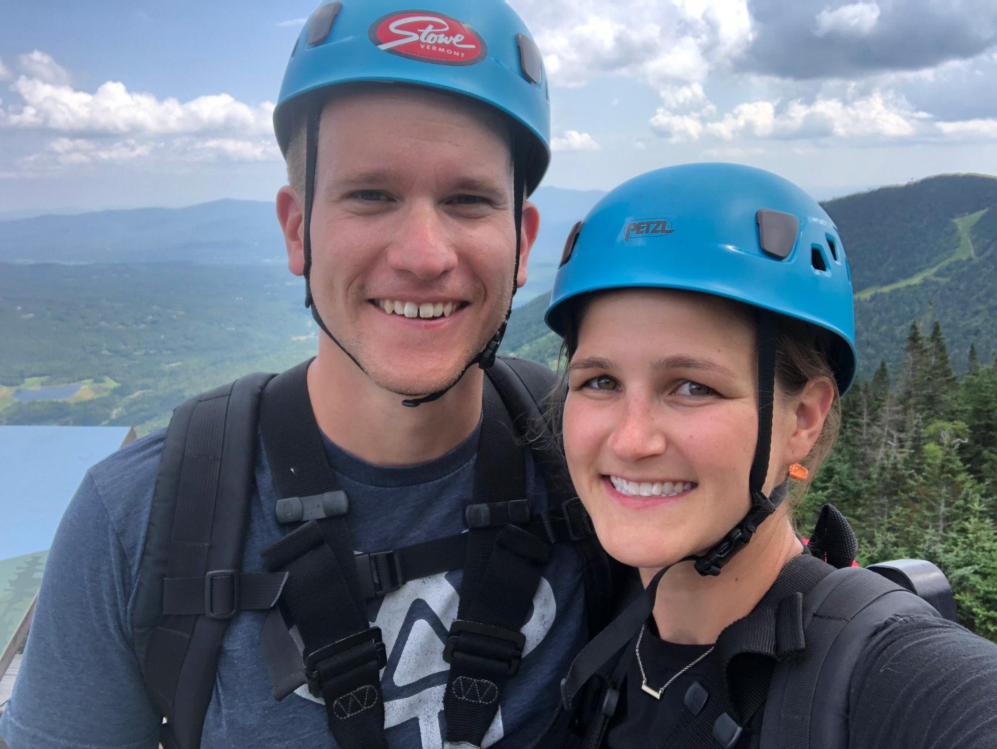 About to zipline down Mount Mansfield in Stowe, VT.