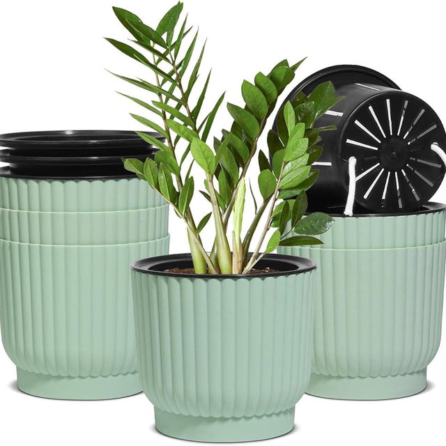 T4U 6 Inch Self Watering Pots for Indoor Plants, 6 Pack Plant Pots, Self Watering Planter for Indoor Plants, Durable Plastic Pots, Flower, Succulents (6 Pack, 6", Green)
