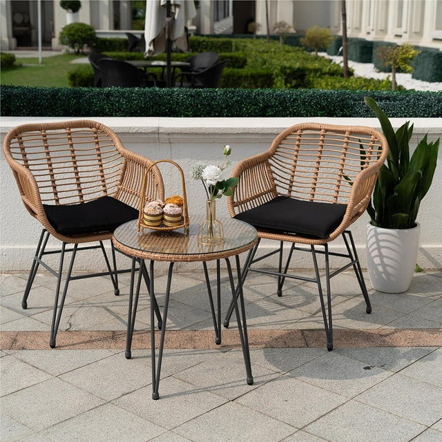 Tappio 3 Piece Outdoor Wicker Furniture Patio Bistro Set, Balcony Furniture Rattan Conversation Sets with Cushions, Wicker Patio Chairs Patio Furniture Set for Outdoor Poolside Garden, Black