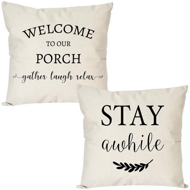 PANDICORN Set of 2 Farmhouse Pillow Covers 18x18 with Words Welcome to Our Porch Stay Awhile for Home Décor, Rustic Black and Cream Throw Pillow Cases for Porch Guest Room