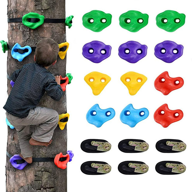 12 Ninja Tree Climbing Holds for Kids Climber, Adult Climbing Rocks with 6 Ratchet Straps for Outdoor Ninja Warrior Obstacle Course Training