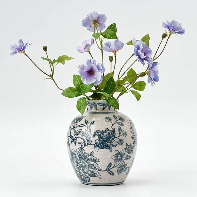 SIDUCAL Ceramic Chinoiserie Floral Vase | 6.3 Inch Blue and White Vintage Vase | Retro Ice Cracked Blue and White Porcelain Vase for Table, Living Room, Bathroom Decoration, Shelf Decor, Mantel