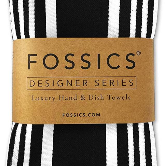 FOSSICS Designer Hand and Kitchen Dish Towels Woven from 100% Responsibly-Farmed, Thick, Luxurious Cotton, Oversized 20 x 30 inches, One Half Dozen, Black Stripe