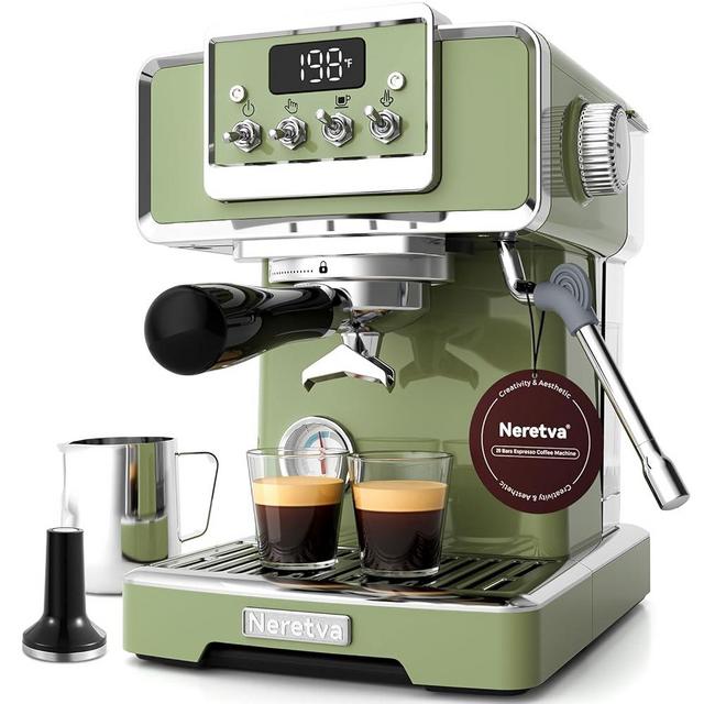 Neretva Espresso Machine, 15 Bar LCD Display Espresso Maker Manual&Auto Mode Stainless Steel Espresso Coffee Machines with 60oz Water Tank&Milk Frother for Home Barista -Green