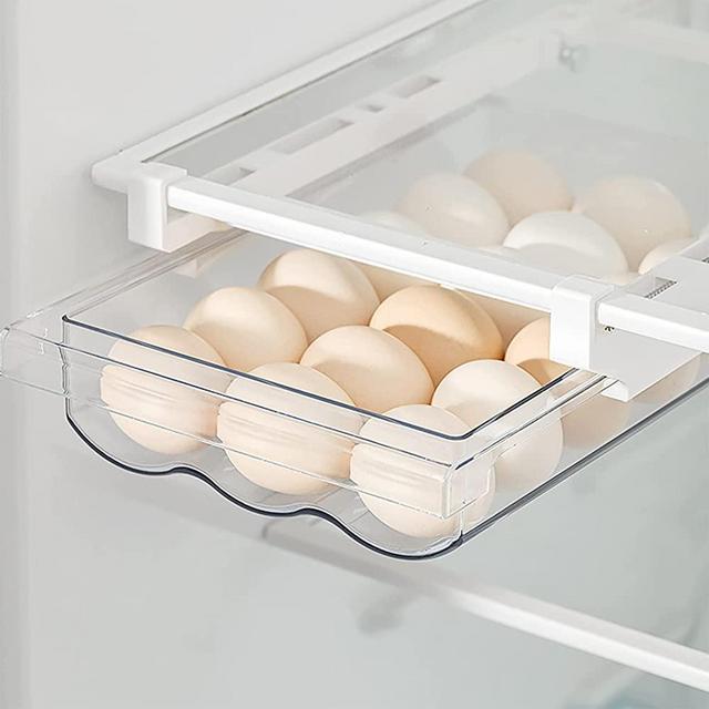 Hanobe Egg Holder for Refrigerator Set of 2 Hanging Fridge Organizer Drawer Clear Plastic Egg Storage Container Pull-Out with Handle Egg Trays Space Saver Fit for Fridge Shelf under 0.6"