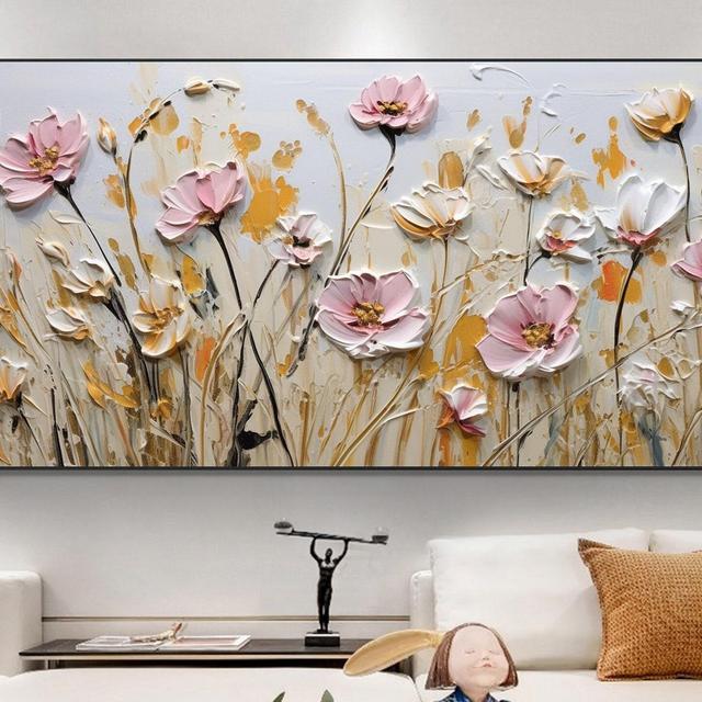 Minimalist Flower Oil Painting On Canvas, Large Wall Art, Original Abstract Floral Art Pink Decor Custom Painting Living Room Home Decor