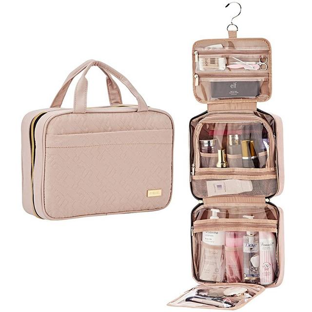 NISHEL Large Hanging Travel Toiletry Bag, Portable Makeup Organizer, Water Resistant Cosmetic Holder for Brushes Set, Full-Sized Shampoo, Conditioner, Accessories, Pink