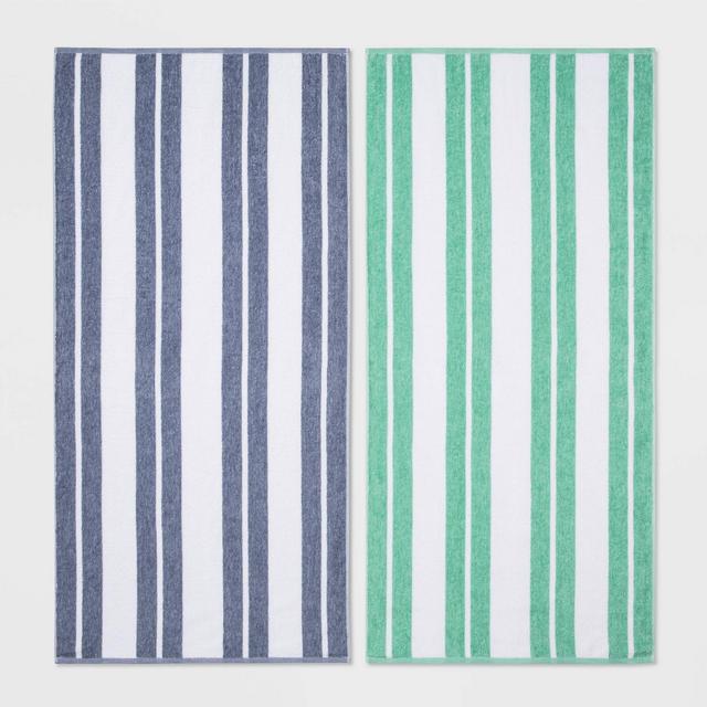 2pc Striped Beach Towel Bundle Navy/Green - Sun Squad™