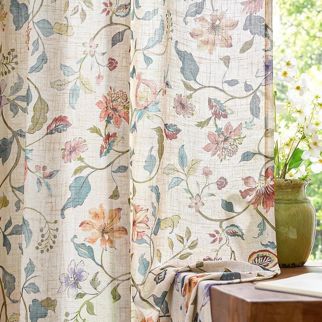 jinchan Hattie Floral Linen Curtains 84 Inch Length Vintage Cottage Core Farmhouse Beige Semi Sheer Curtains for Living Room Bedroom Privacy Light Filtering Back Tab Rod Pocket 2 Panels W50 x L84