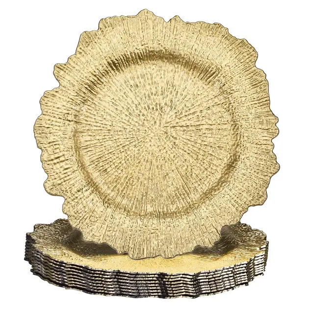 Unique Bargains Plastic Reef Trim Textured Surface Lightweight Charger Plates 10 Pcs Gold