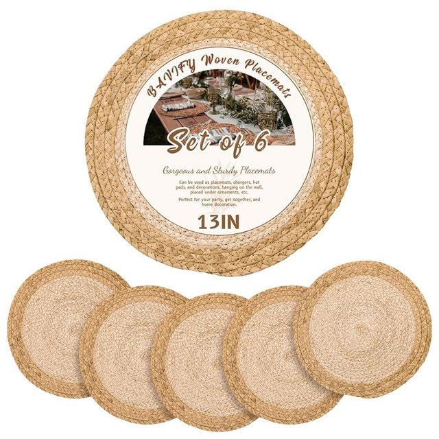 13 in Round Woven Placemats Plate Chargers Set of 6, Chargers for Dining Table Decor Boho Farmhouse Rustic Rattan Wicker Table Mats Jute Braided Place Mats Chargers for Dinner Plates