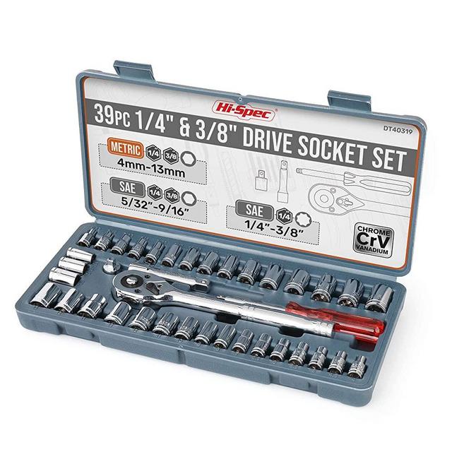 Hi-Spec 39 Piece SAE & Metric Multi Socket Set. 1/4 & 3/8” Inch Drive Ratchet Wrench & Spinner Handle