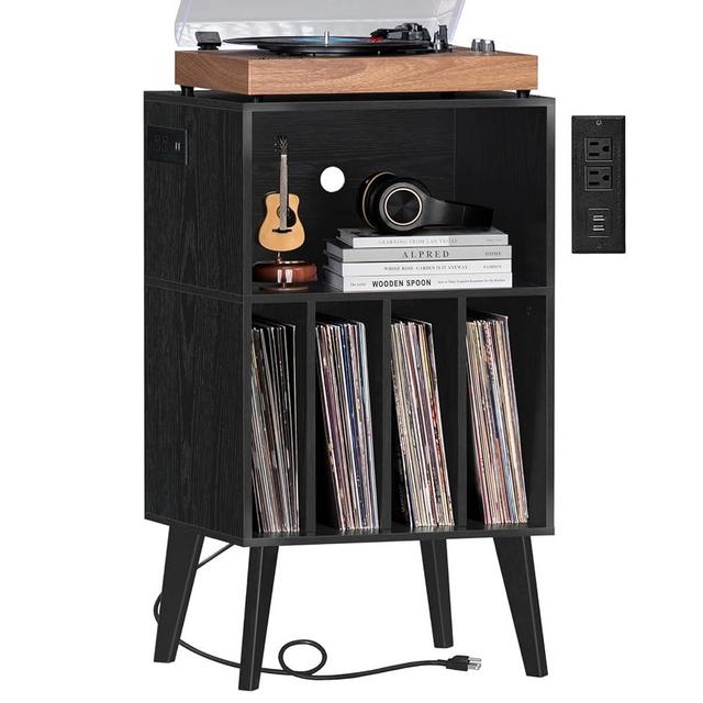 Lerliuo Record Player Stand with Charging Station, Black Turntable Stand Holds up to 160 Albums, Mid-Century Vinyl Storage Cabinet Table with Wood Legs, Record Holder Dispaly Shelf for Living Room