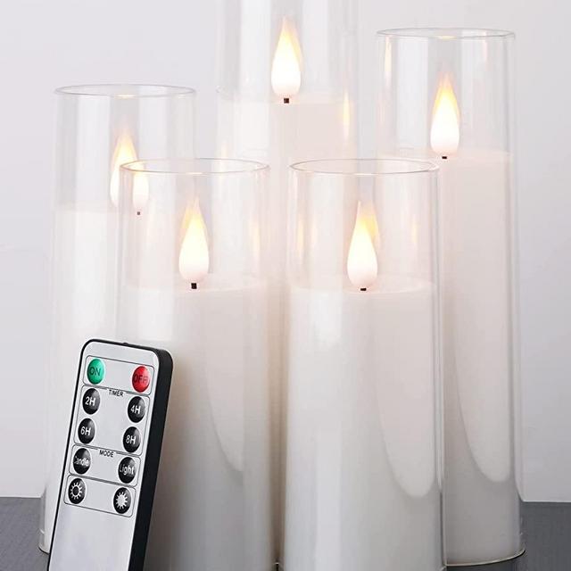 Amagic Pure White Flameless Candles, Battery Operated Candles, Flickering LED Pillar Candles with Remote Control and Timer, 3D Wick, Yellow and Blue Glow, Set of 5