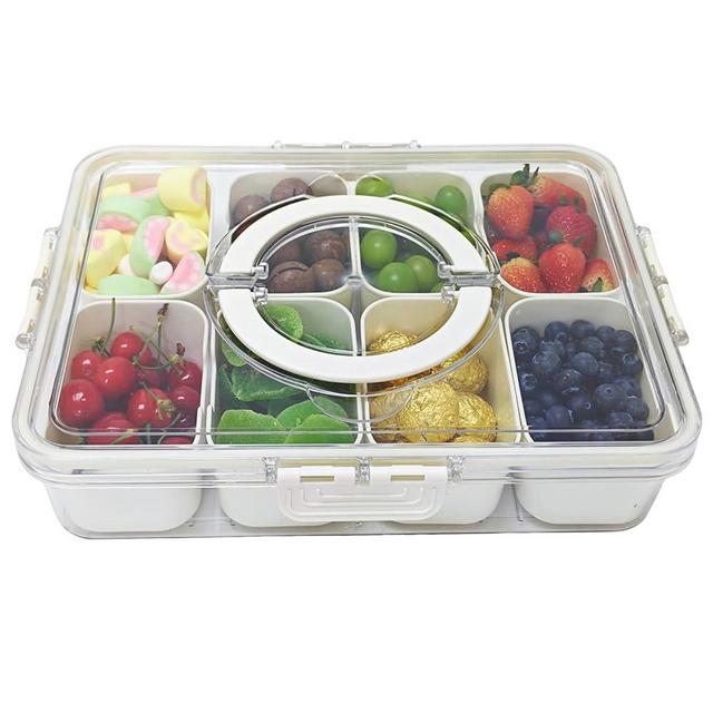Divided Serving Tray with Lid & Handle - 8 Compartments Snackle Box Charcuterie Container Organizer for Fruit, Candy, Nuts - Portable Serving Platter for Picnic, Party, Holidays and Travel (White)