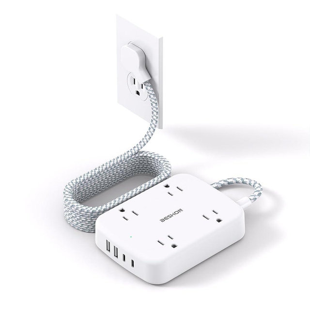 Extension Cord 15 ft, Long Power Strip with 2 USB C, Flat Plug Power Strip, 4 Outlets and 4 USB Charging Ports, Outlet Extender, 900 Joules, for Home Office Dorm Room Essentials
