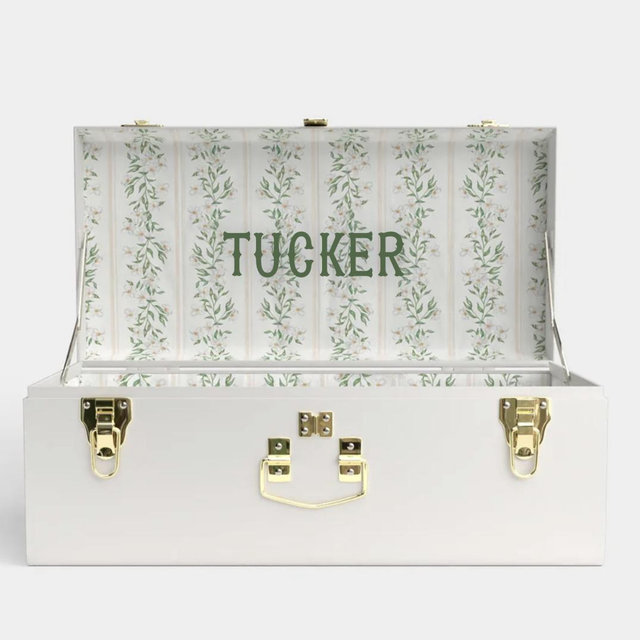 Petite Bridal Trunk - White, Darling Dogwood Print, Hunter Green Thread in Waterford Font