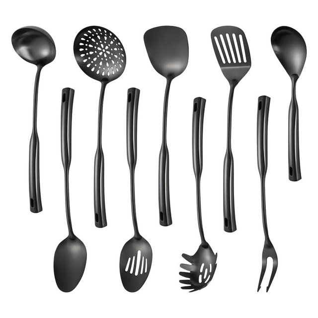 304 Stainless Steel Kitchen Cooking Utensils Set - 9 PCS Serving Utensils, Include Skimmer, Soup Ladle, Spaghetti Server, Wok Spatula, Slotted & Solid Spoon, Slotted Spatula Turner, Meat Fork (Black）