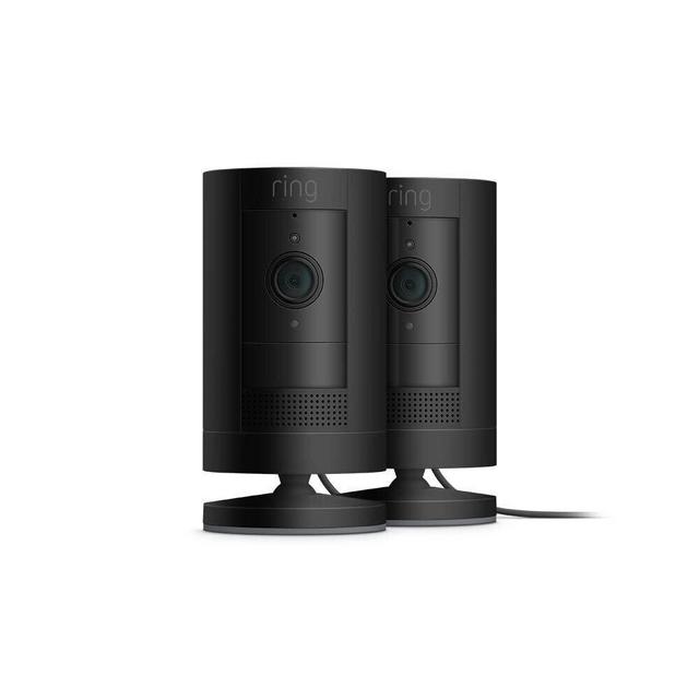 Ring Stick Up Cam Plug-In | Weather-Resistant Outdoor Camera, Live View, Color Night Vision, Two-way Talk, Motion alerts, Works with Alexa | 2-Pack | Black