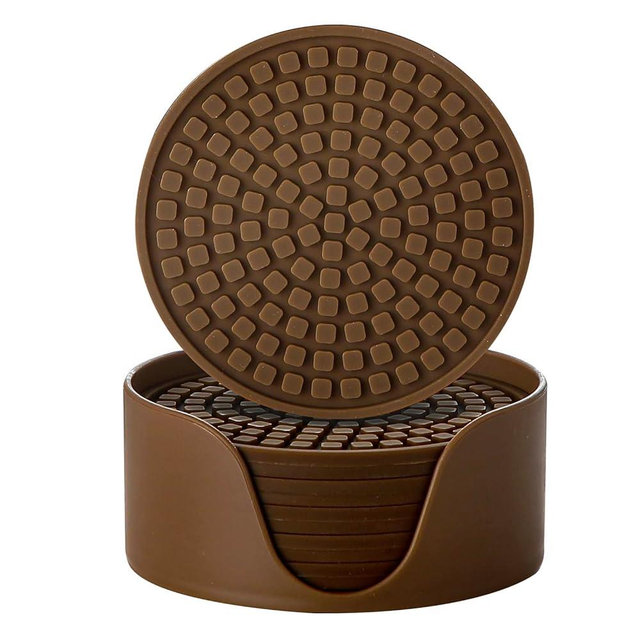 Colinda Silicone Drink Coasters with Holder, Set of 6, Outdoor Cup Mat for Hot or Cold Drinks, Thickened, Non-Slip,Non-Stick, Brown