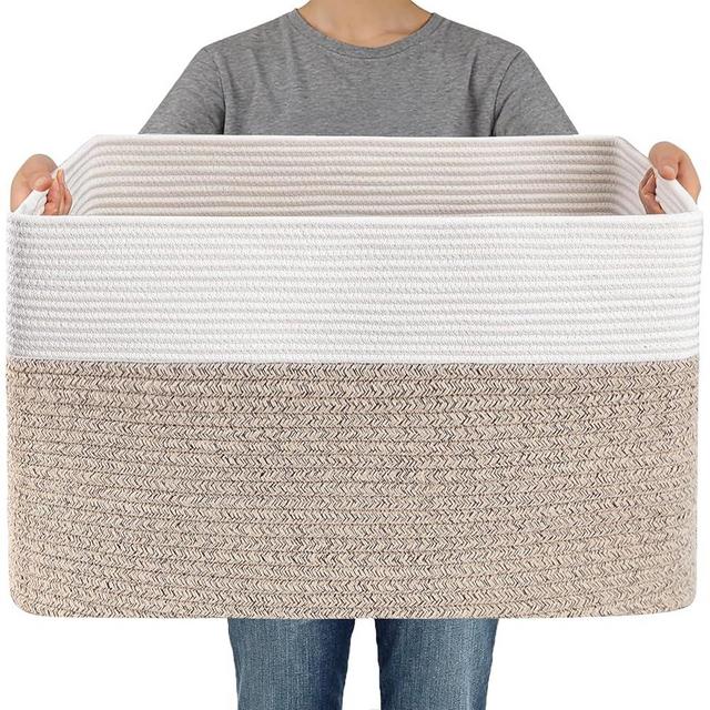 JMvicyroam Woven Blanket Basket,65L Large Storage Bin for Blankets Toys Clothes,Decorative Rope Basket for Living Room Bedroom with Handles, White&Oatmeal
