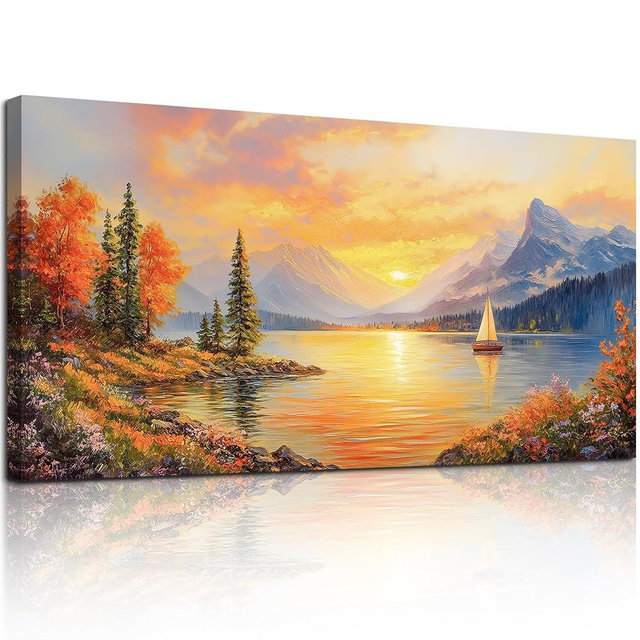 SERIMINO Sunset Landscape Large Wall Art, Mountain Lake Scenic Canvas Prints, Country Nature Scenery Artwork for Walls, Aesthetic Paintings Wall Decor Living Room Bedroom, Rustic Home Decor 20"X40"
