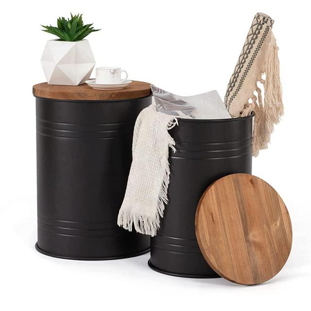 BRIAN & DANY 2 Pack Farmhouse Accent Side Table with Round Wood Lid, Rustic Storage Ottoman Seat Stool, Galvanized Metal Storage Bin for Living Room Furniture, Black