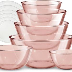 COOK WITH COLOR 12 Pc Glass Mixing Bowl Set with Lids – Borosilicate Glass Nesting Bowls for Cooking, Baking and Meal Prep, Colored Pink