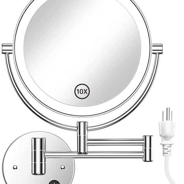 Gospire 8.5" Wall Mounted Lighted Magnifying Mirror, 1X/10X Double-Sided Magnification Round LED Cosmetic Vanity Bathroom Mirror Extendable Arm 360° Swivel for Shaving Makeup