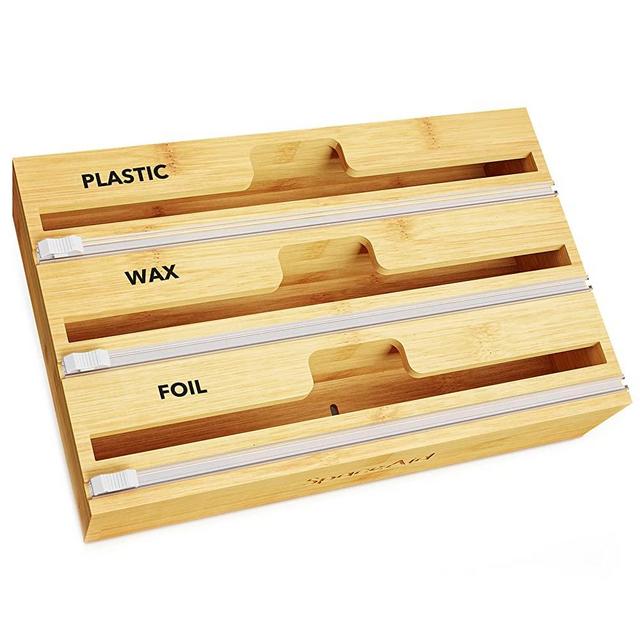 SpaceAid WrapNeat 3 in 1 Wrap Organizer with Cutter and Labels, Plastic Wrap, Aluminum Foil and Wax Bamboo Dispenser for Kitchen Storage Organization Holder for 12" Roll (Natural, 3-Slot)