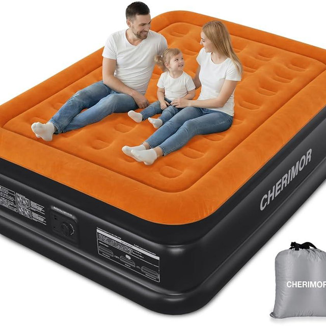 CHERIMOR Queen Air Mattress with Built-in Pump, 800 lbs Max Support, Stable Edges Design, 48-Hour Leak-Tested Durable PVC, 3-Min Fast Inflation, Portable Inflatable Bed for Home Guests & Travel