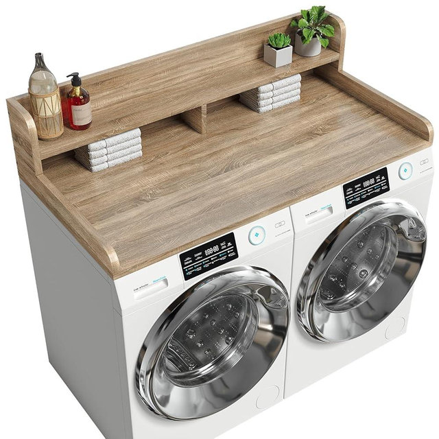 2-Tier Washer Dryer Countertop with 2.75" H Edge Rails, 54" W x 27.55" D Laundry Countertop for Folding Clothes, Washer and Dryer Topper with Non-Slip Pad (White Oak)