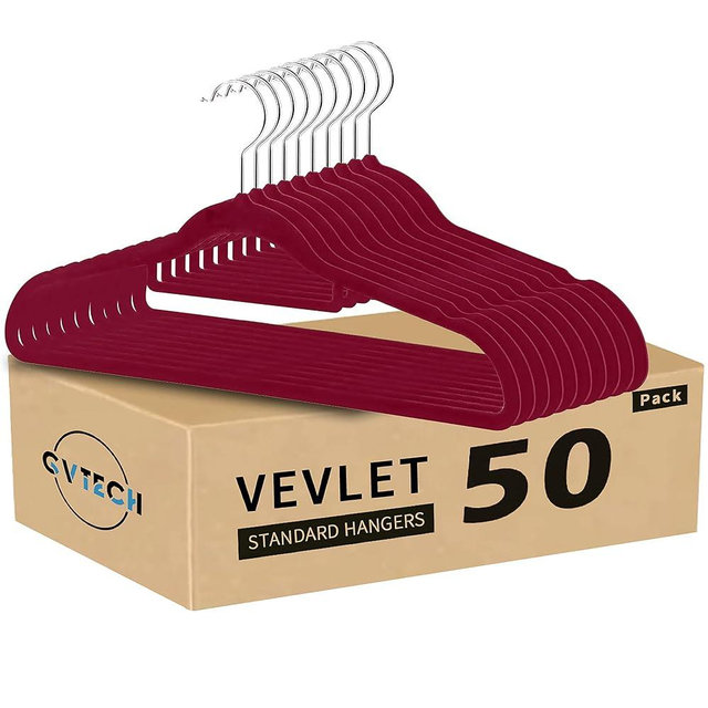 GVTECH Premium Velvet Hangers, [50 Pack] Non Slip and Heavy Duty Velvet Suit Hangers (45cm) with Tie Bar, 360° Swivel Hooks, Sturdy to Hold Jumper, Pullovers, Jackets & Hoodies (50 Pack, Wine)