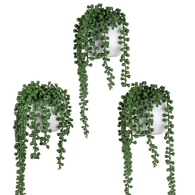 MyGift Artificial Faux String of Pearls Plants in White Ceramic Wall Hanging Planter Pot with Jute Rope, Set of 3