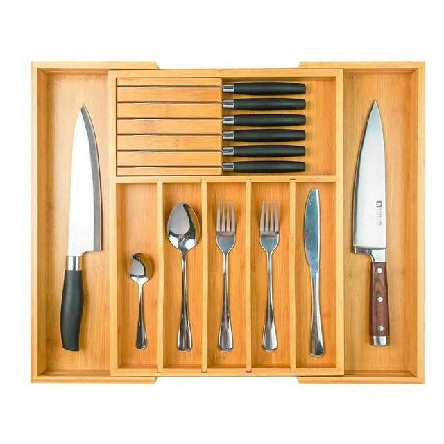 Wencrfat Silverware Drawer Organizer with Removable Knife Block and Dividers, Expandable Bamboo Kitchen Drawer Organizer, Flatware Utensil Cutlery Organizer for Drawer 8 Compartments