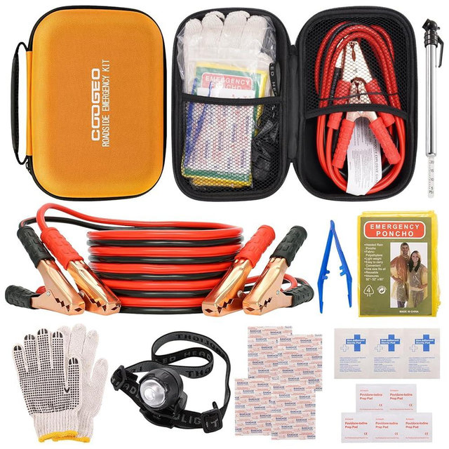 COOGEO Roadside Assistance Emergency Kit Multipurpose Bag Car Premium with Battery Jumper Cable Kit for Car, Vehicle, Truck or SUV for Men or Women, Orange