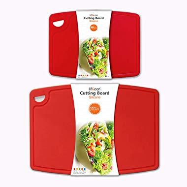 Liflicon Thick Cutting Boards for Kitchen Silicone Chopping Board Set of 2 Mid 12.6'' x 9.1”,Mini 9.1”x7.1” Non-slip Deep Drip Juice Groove Easy Grip Handle,BPA Free,Non-porous,Dishwasher Safe-Red