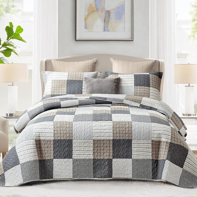Finlonte Quilt King Size - 100% Cotton Plaid King Size Comforter Set Farmhouse Modern Quilt Bedding Set, Reversible Lightweight Soft Bedspread, Grey Brown White Quilted Coverlet All-Season, 3-Piece