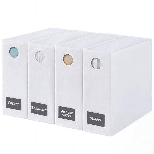 4 Pack Sheet Organizers - Foldable Storage Sheets Set Organizer for Linen Closet - King & Queen Size - Folder Keeper with Window XL - Blanket, Duvet & Pillowcases Dustproof Bedding Container - White
