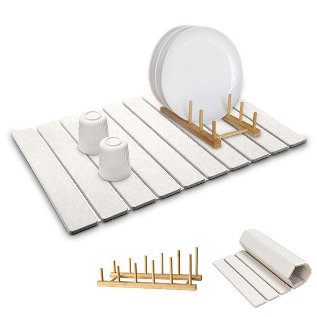 Stone Dish Drying Mats for Kitchen Counter,24×16 IN,Foldable Dish Drying Mat,Equipped Dish Rack，Strong Water Absorption，Diatomaceous Earth Material，Suitable for Plates,Cups and Any Kitchen Utensils