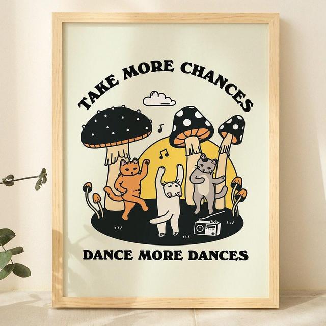 Retro Dancing Cats Wall Print, Vintage Cat Illustration, Trendy Posters, Cute Mushroom Prints, Positive Poster Green Orange Pink UNFRAMED