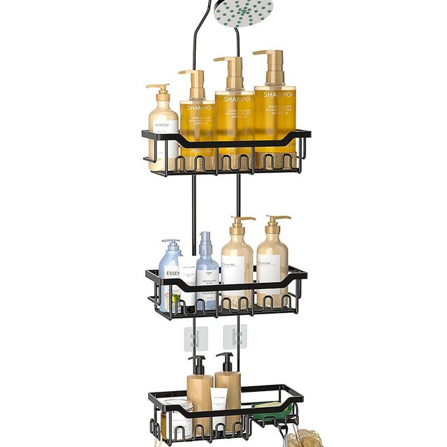 Joqixon Adjustable Shower Caddy Hanging, Extended Length Organizer Over Shower Head, 3 Tier Long Neck Shower Rack with Soap Holder for Large Storage, Black