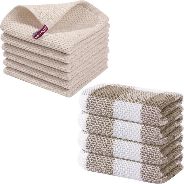 Homaxy 100% Cotton Waffle Weave Kitchen Dish Cloths, Beige and 100% Cotton Waffle Weave Check Plaid Kitchen Towels, White & Khaki