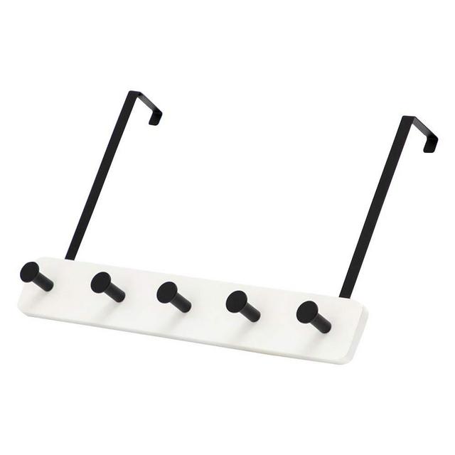Over The Door Hook Rack Hanger, Natural Bamboo Coat Rack with Metal Hooks, Door Clothes Organizer for Coat, Towels, Bags, Robes (White, 5 Hooks)