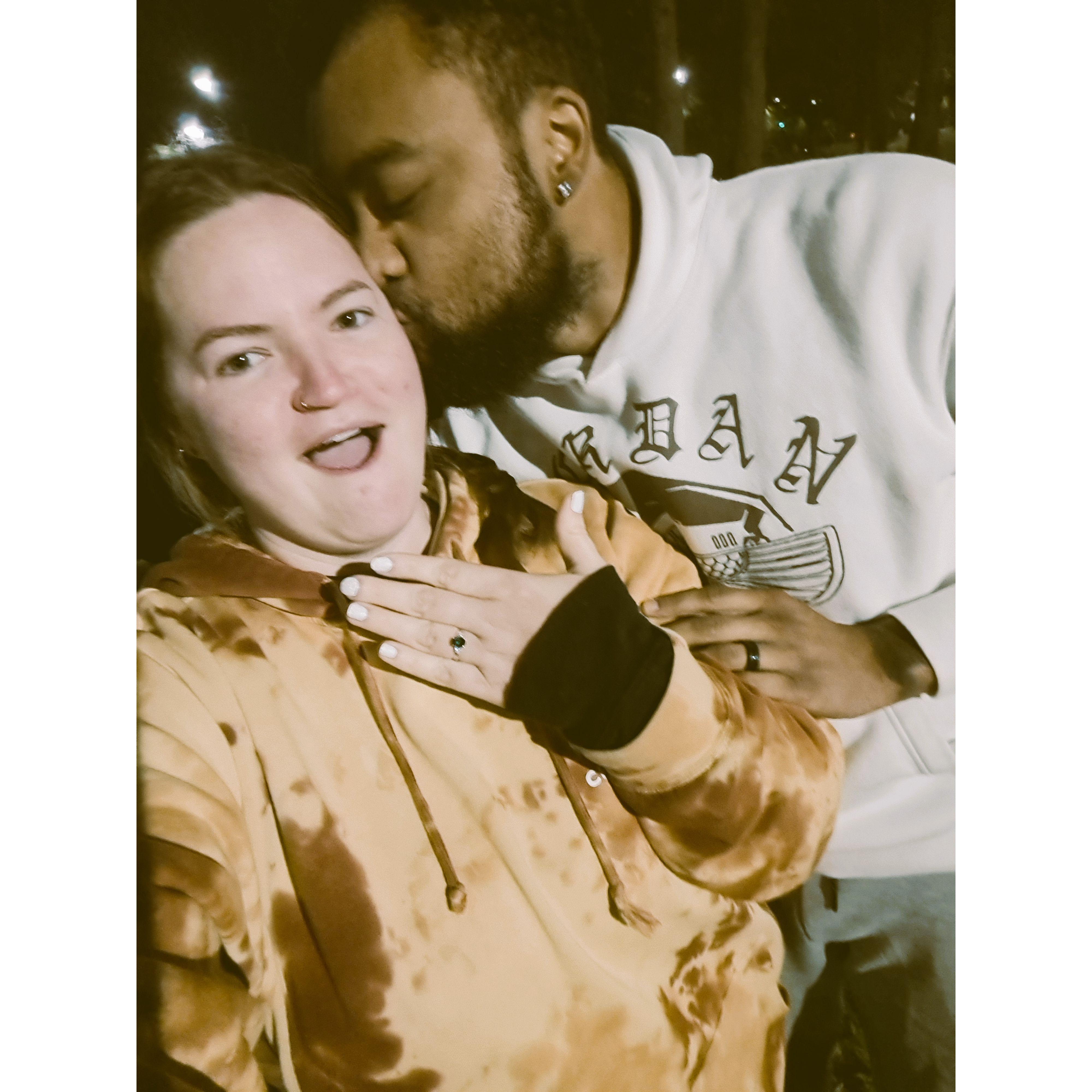 The night we both asked each other to spend the rest of our lives together: we grabbed some Olive Garden take out, went to our favorite local park at like 9pm, ate so much food and cried happy tears