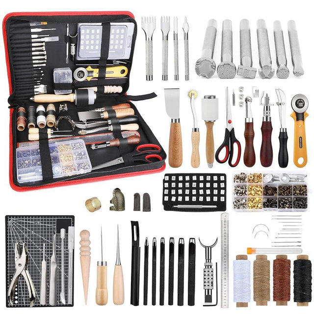 TLKKUE Leather Working Kit - Beginner's Leather Crafting Tool with Storage Bag, Leatherworking Tooling Kit for Sewing, Carving, Punching, Cutting, Stamping Tools