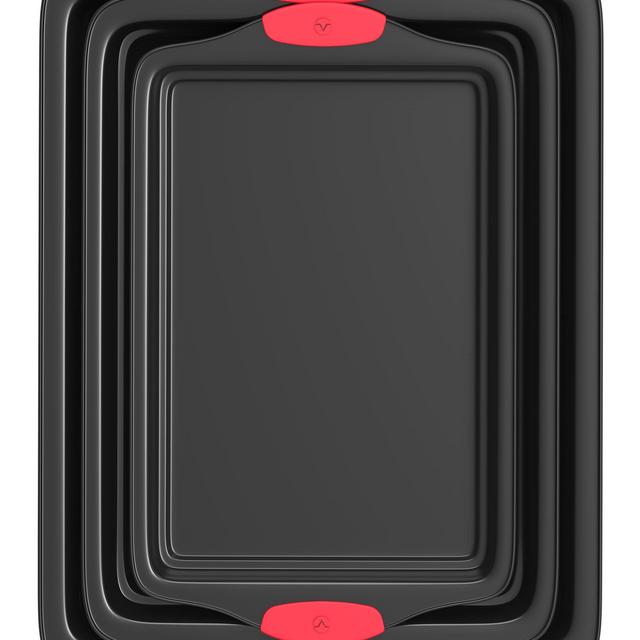 Vremi 3 Piece Baking Sheets Nonstick Set - Professional Non Stick Sheet Pan Set for Baking - Carbon Steel Baking Pans Cookie Sheets with Red Silicone Handles - has Quarter and Half Sheet Pans
