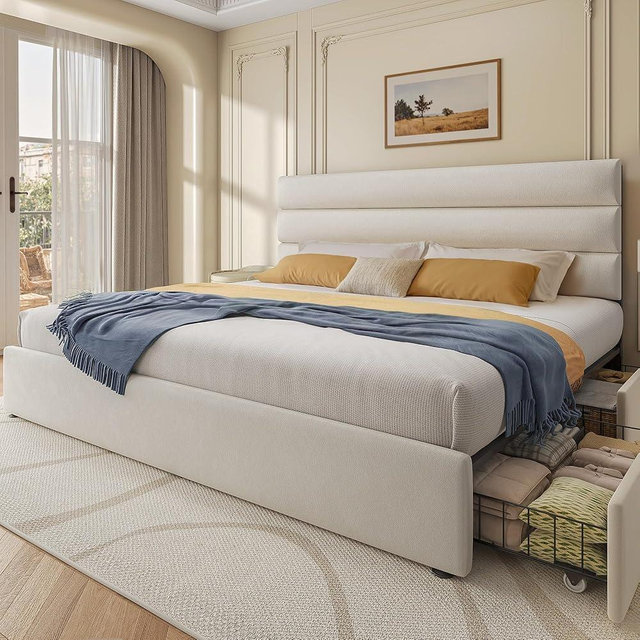 Lifezone King Bed Frame with Storage Drawers, King Size Platform Bed Frame with Velvet Upholstered Headboard, Metal Support, No Box Spring Needed, Noise-Free, Easy Assembly, Bedroom Furniture, Beige