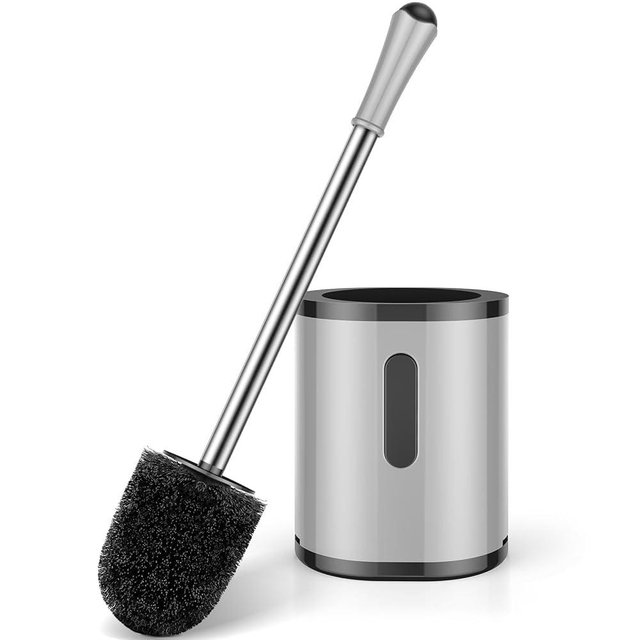 Toilet Brush and Holder, 1 Pack Compact Size Toilet Bowl Brush with Stainless Steel Handle, Small Size Plastic Holder Easy to Hide, Space Saving for Storage, Drip-Proof, Easy to Assemble, Grey&Black