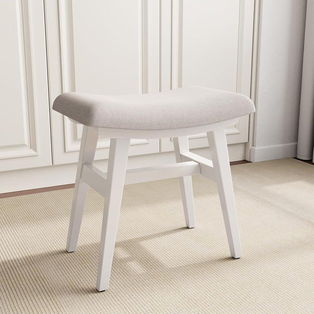 Muwuele Solid Wood Small Vanity Stool, Compact Makeup Chair with Saddle Cushion, Linen-Covered High Rebound Sponge Seat, Easy Assembly Footstool, Modern Ottoman for Bedroom, Entryway, Home, White